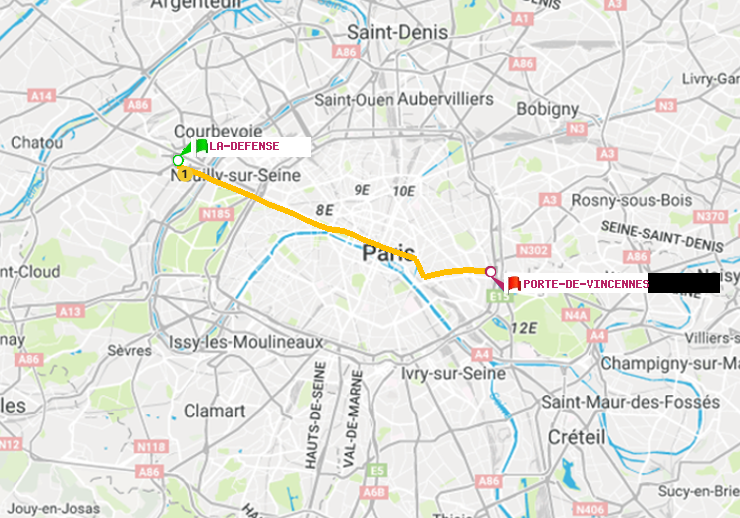 plan itinéraire ratp de La Défense (Grande Arche) à Porte de Vincennes