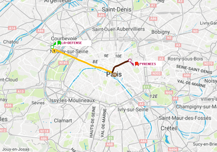 plan itinéraire ratp de La Défense (Grande Arche) à Pyrenees