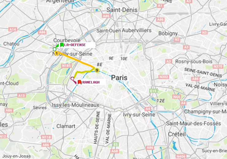 plan itinéraire ratp de La Défense (Grande Arche) à Ranelagh