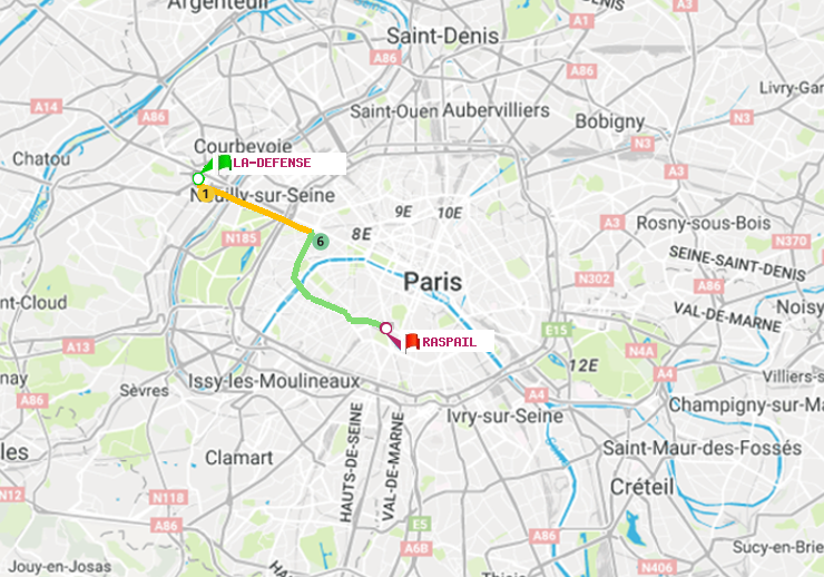 plan itinéraire ratp de La Défense (Grande Arche) à Raspail