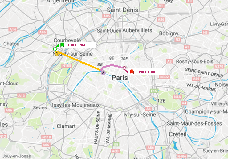 plan itinéraire ratp de La Défense (Grande Arche) à République
