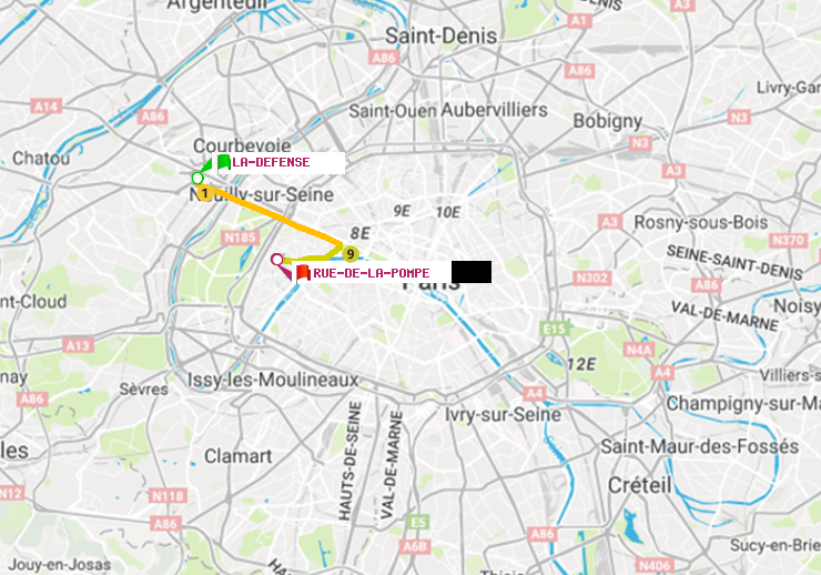 plan itinéraire ratp de La Défense (Grande Arche) à Rue de la Pompe (Avenue Georges Mandel)