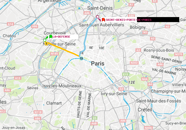 plan itinéraire ratp de La Défense (Grande Arche) à Saint-Denis-Porte de Paris