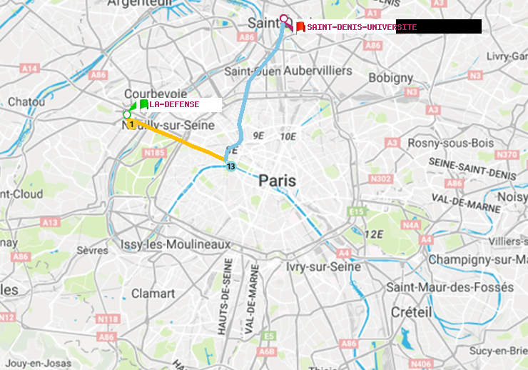 plan itinéraire ratp de La Défense (Grande Arche) à Saint-Denis-Universite