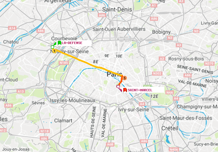 plan itinéraire ratp de La Défense (Grande Arche) à Saint-Marcel