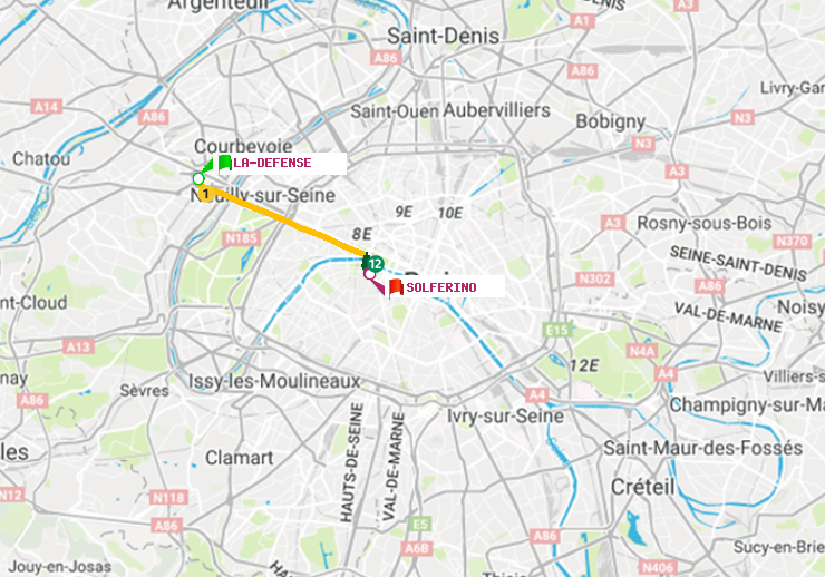plan itinéraire ratp de La Défense (Grande Arche) à Solférino