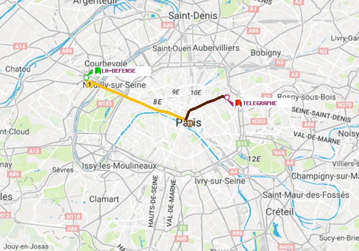 plan itinéraire ratp de La Défense (Grande Arche) à Telegraphe