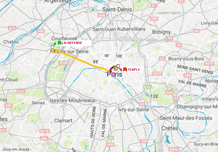 plan itinéraire ratp de La Défense (Grande Arche) à Temple