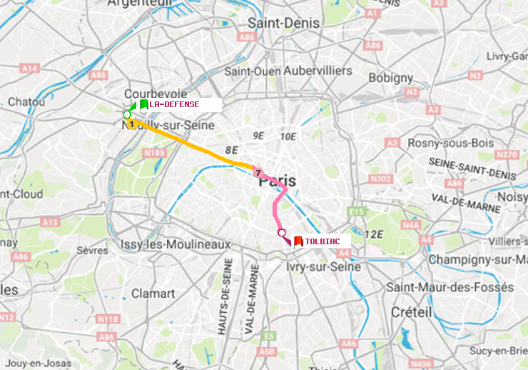 plan itinéraire ratp de La Défense (Grande Arche) à Tolbiac
