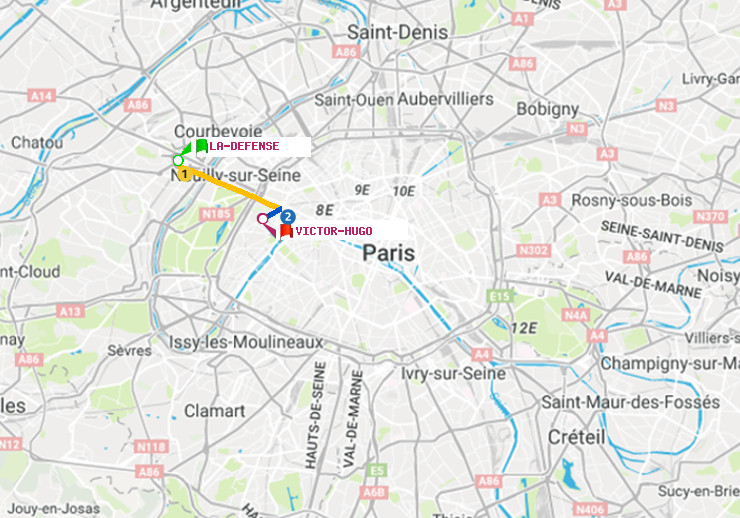 plan itinéraire ratp de La Défense (Grande Arche) à Victor Hugo