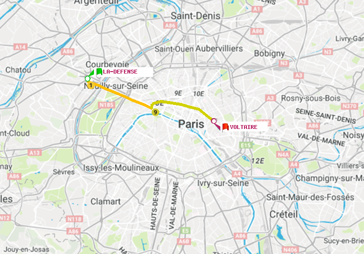 plan itinéraire ratp de La Défense (Grande Arche) à Voltaire (Léon Blum)