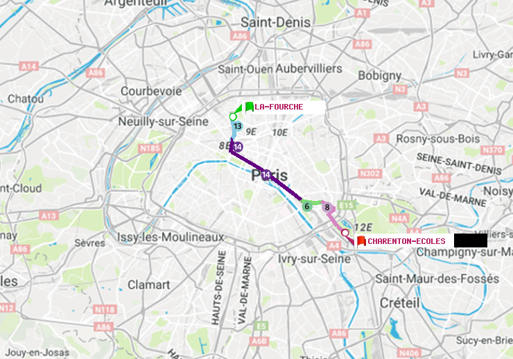 plan itinéraire ratp de La Fourche à Charenton-Ecoles