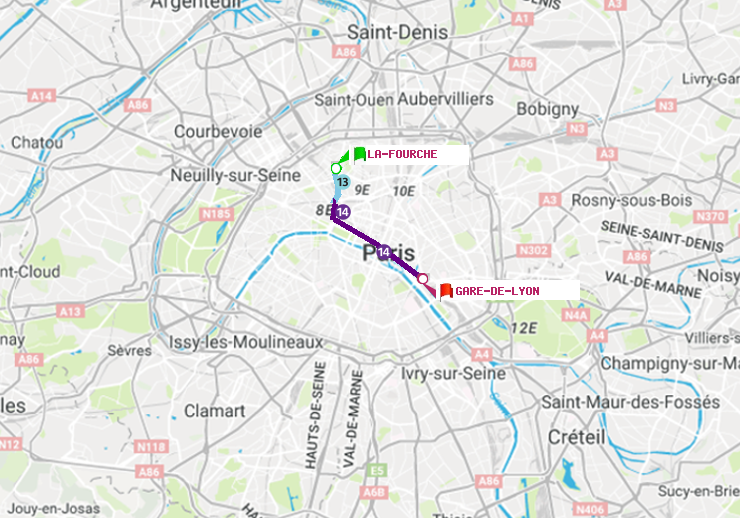 plan itinéraire ratp de La Fourche à Gare de Lyon