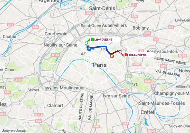 plan itinéraire ratp de La Fourche à Telegraphe