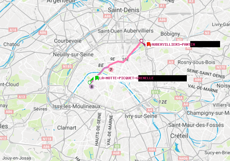 plan itinéraire ratp de La Motte-Picquet-Grenelle à Aubervilliers Pantin (4 Chemins)