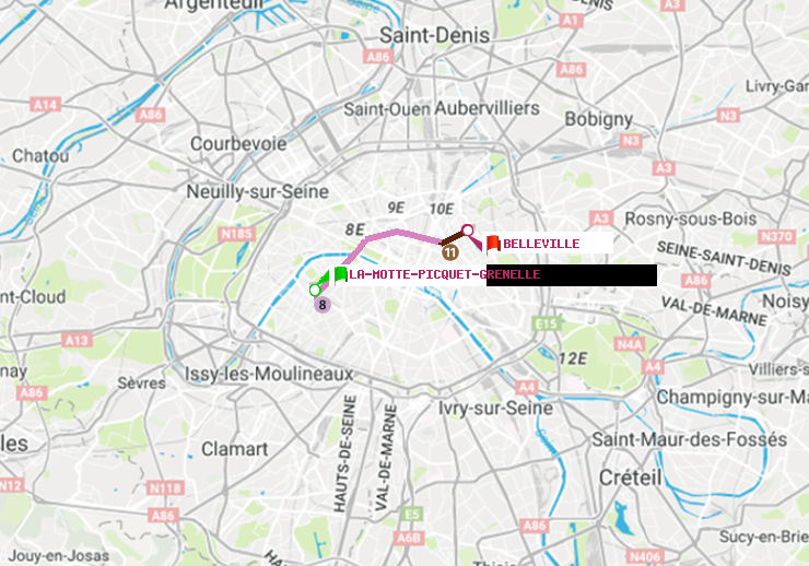 plan itinéraire ratp de La Motte-Picquet-Grenelle à Belleville