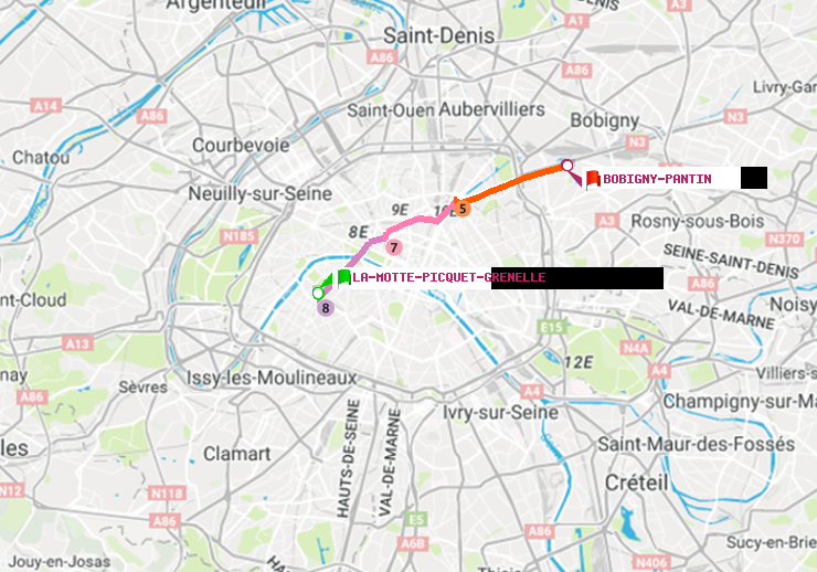 plan itinéraire ratp de La Motte-Picquet-Grenelle à Bobigny-Pantin (Raymond Queneau)