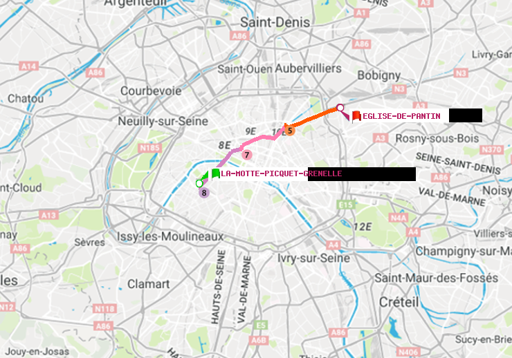 plan itinéraire ratp de La Motte-Picquet-Grenelle à Eglise de Pantin