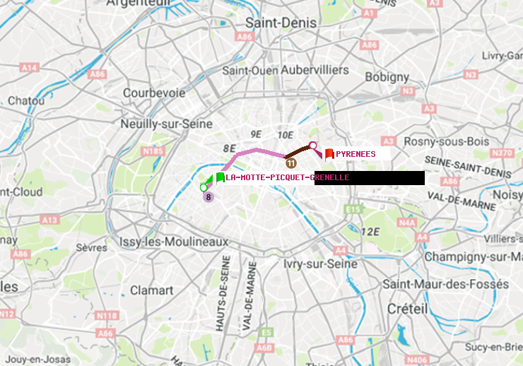 plan itinéraire ratp de La Motte-Picquet-Grenelle à Pyrenees