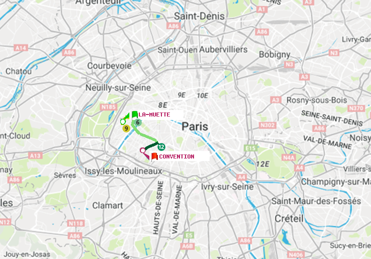 plan itinéraire ratp de La Muette à Convention