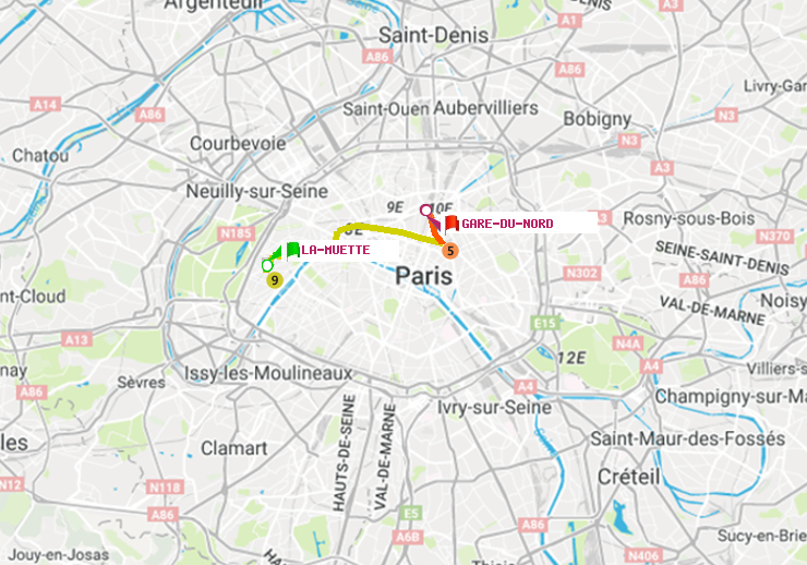 plan itinéraire ratp de La Muette à Gare du Nord