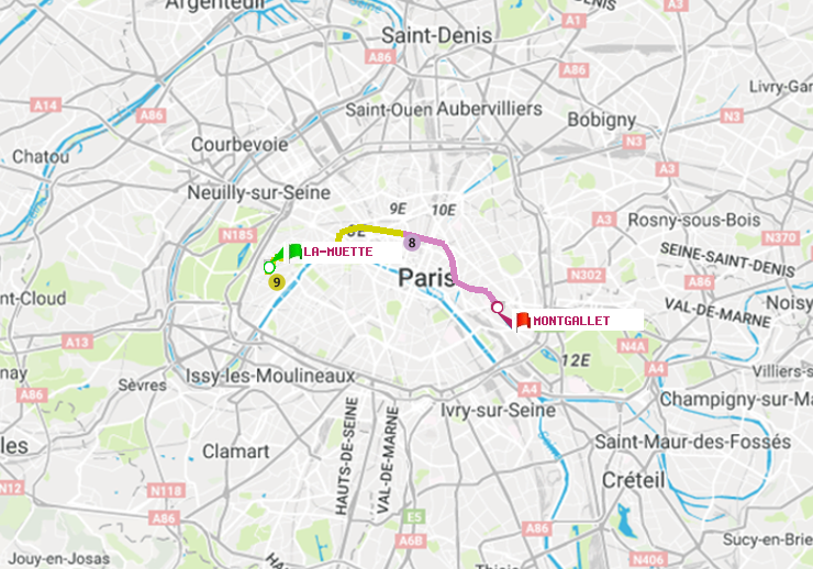 plan itinéraire ratp de La Muette à Montgallet