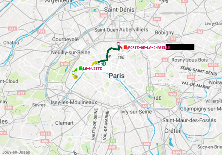 plan itinéraire ratp de La Muette à Porte de la Chapelle