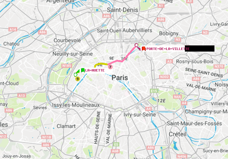 plan itinéraire ratp de La Muette à Porte de la Villette