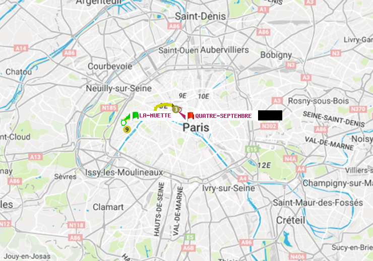 plan itinéraire ratp de La Muette à Quatre Septembre