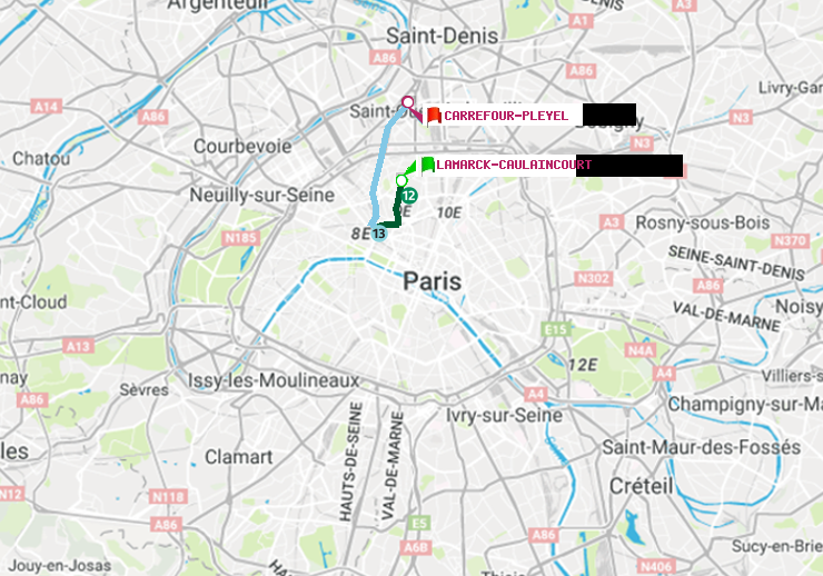 plan itinéraire ratp de Lamarck-Caulaincourt à Carrefour-Pleyel