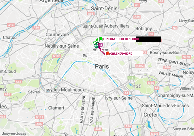 plan itinéraire ratp de Lamarck-Caulaincourt à Gare du Nord