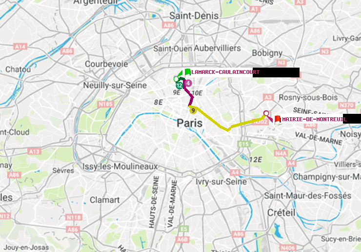 plan itinéraire ratp de Lamarck-Caulaincourt à Mairie de Montreuil