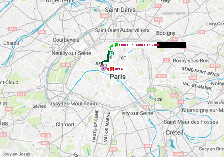 plan itinéraire ratp de Lamarck-Caulaincourt à Opéra