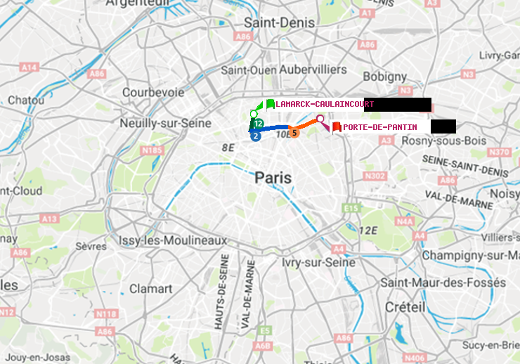 plan itinéraire ratp de Lamarck-Caulaincourt à Porte de Pantin