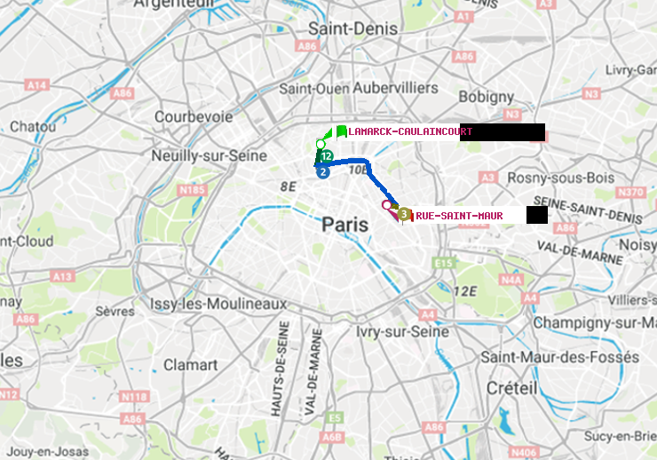 plan itinéraire ratp de Lamarck-Caulaincourt à Rue Saint-Maur