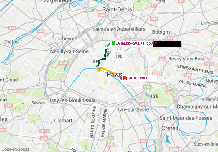 plan itinéraire ratp de Lamarck-Caulaincourt à Saint-Paul (Le Marais)