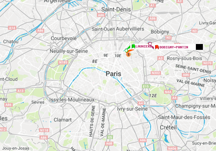 plan itinéraire ratp de Laumière à Bobigny-Pantin (Raymond Queneau)