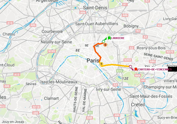plan itinéraire ratp de Laumière à Château de Vincennes