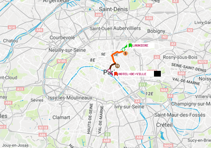 plan itinéraire ratp de Laumière à Hôtel de Ville