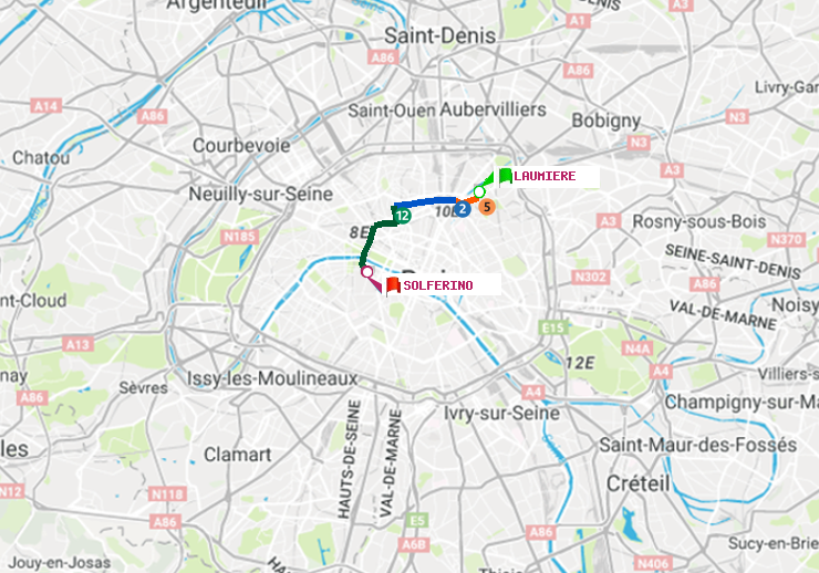 plan itinéraire ratp de Laumière à Solférino
