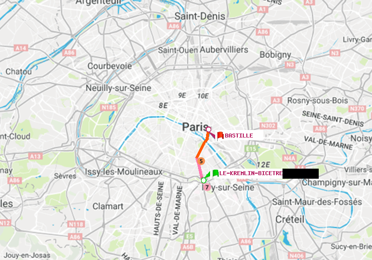 plan itinéraire ratp de Le Kremlin-Bicêtre à Bastille
