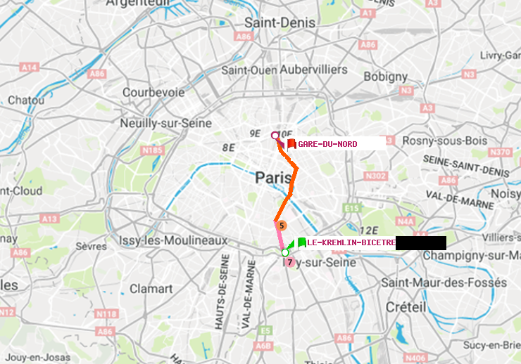 plan itinéraire ratp de Le Kremlin-Bicêtre à Gare du Nord