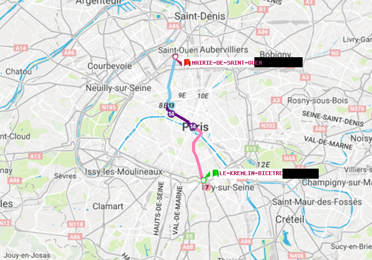 plan itinéraire ratp de Le Kremlin-Bicêtre à Mairie de Saint-Ouen