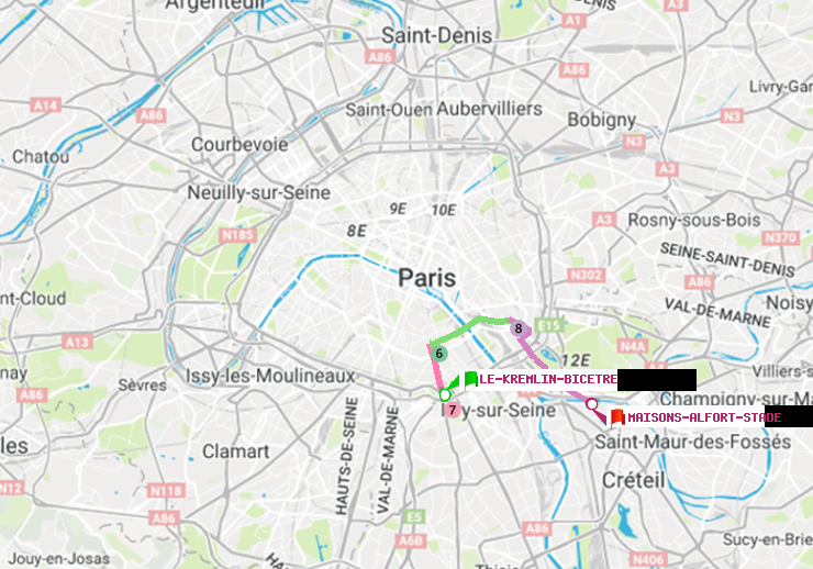 plan itinéraire ratp de Le Kremlin-Bicêtre à Maisons-Alfort-Stade