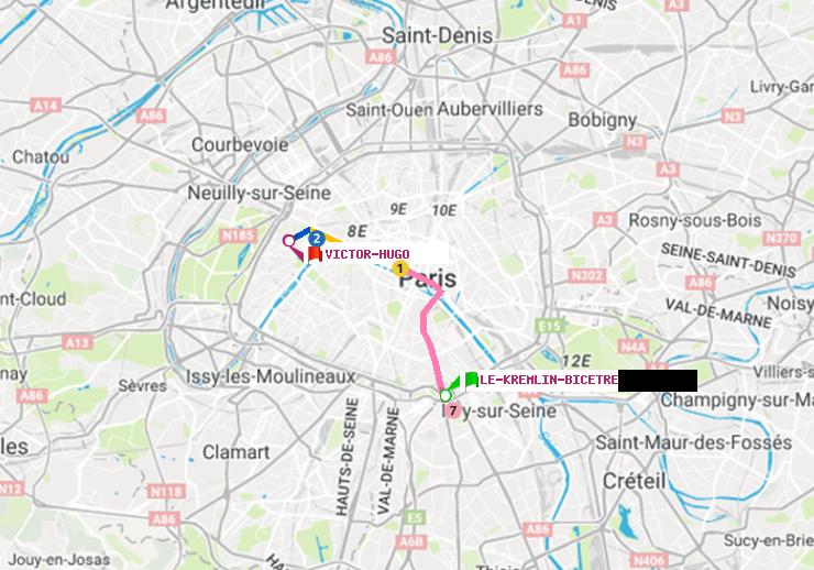 plan itinéraire ratp de Le Kremlin-Bicêtre à Victor Hugo