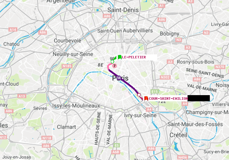 plan itinéraire ratp de Le Peletier à Cour Saint-Emilion