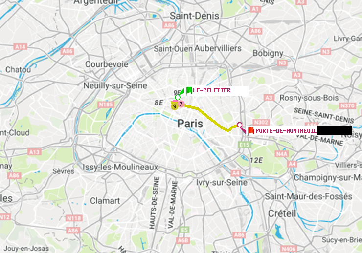 plan itinéraire ratp de Le Peletier à Porte de Montreuil