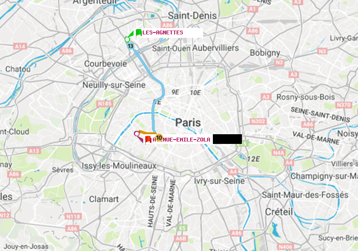 plan itinéraire ratp de Les Agnettes à Avenue Emile-Zola