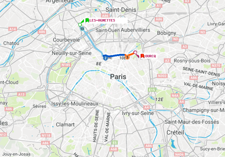 plan itinéraire ratp de Les Agnettes à Ourcq