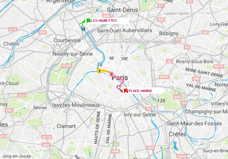 plan itinéraire ratp de Les Agnettes à Place Monge (Jardin des Plantes)